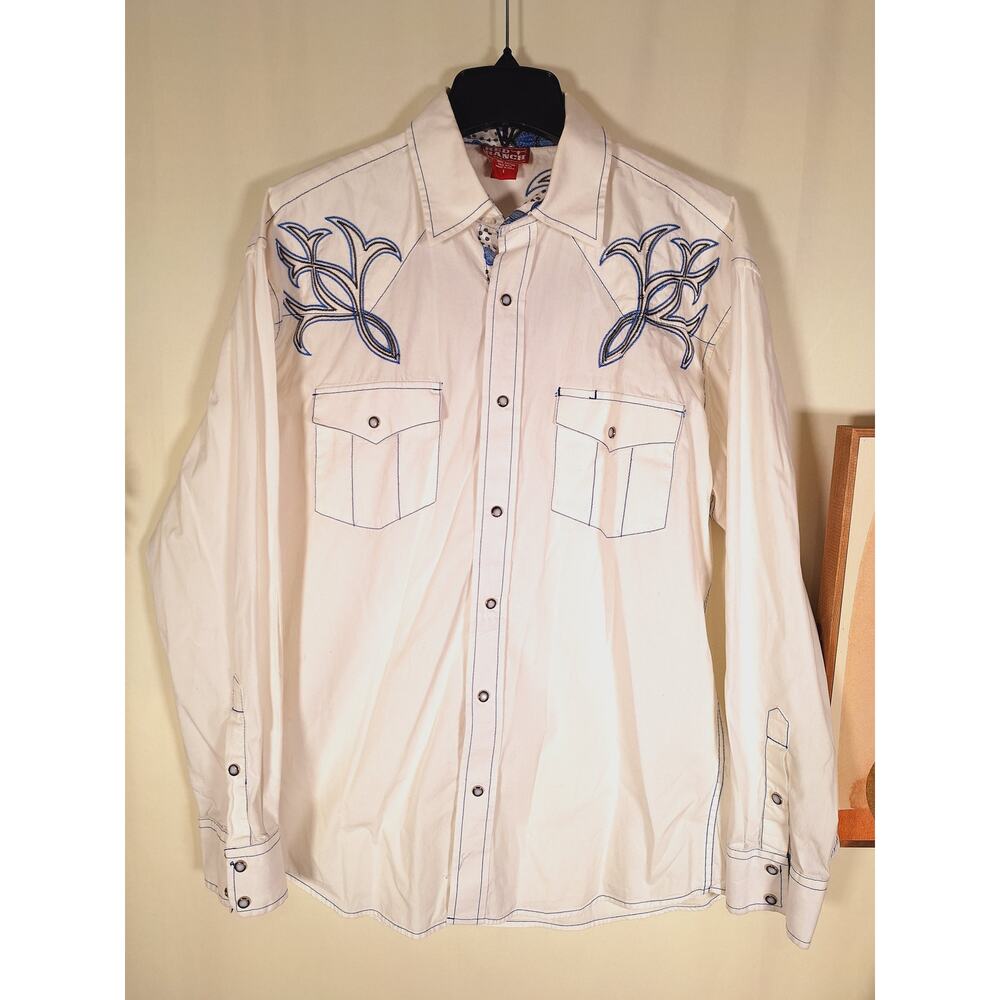 Red Ranch Men's White Blue Embroidered Snap Button-Up Long-Sleeved Shirt - Picture 2 of 4